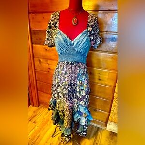 YOUNG THREADS NWT Floral Patchwork MIDI Dress with Denim Bodice